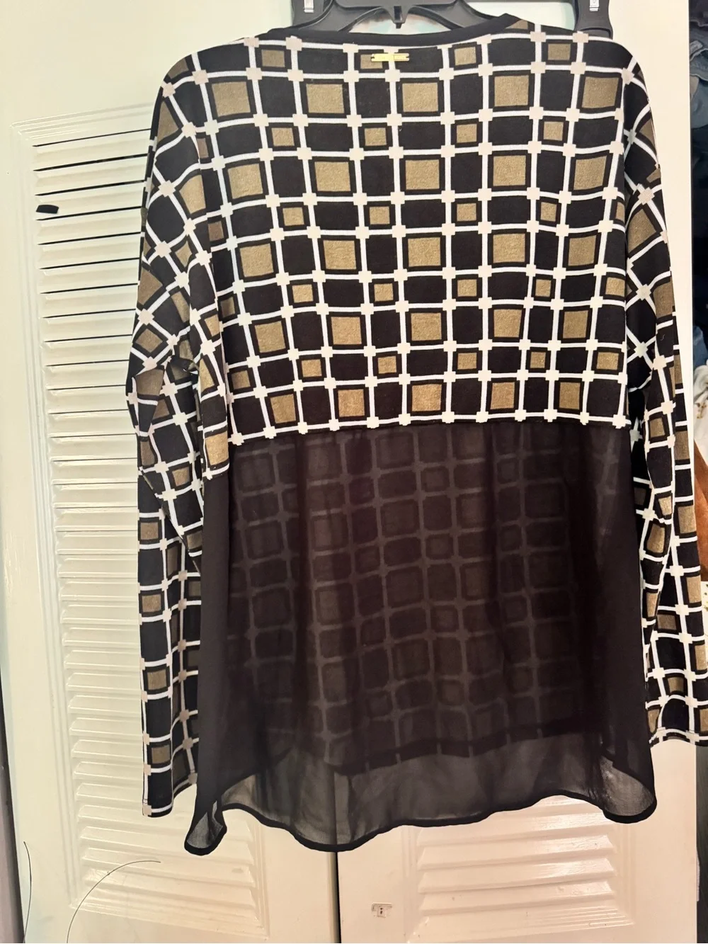 Michael Kors Black Olive & Cream Grid-Print Long Sleeve Top